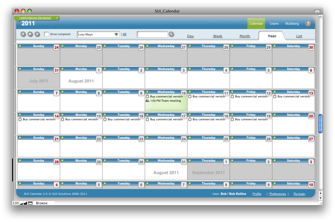 SUI Calendar, a FileMaker Pro calendar template. Available for download